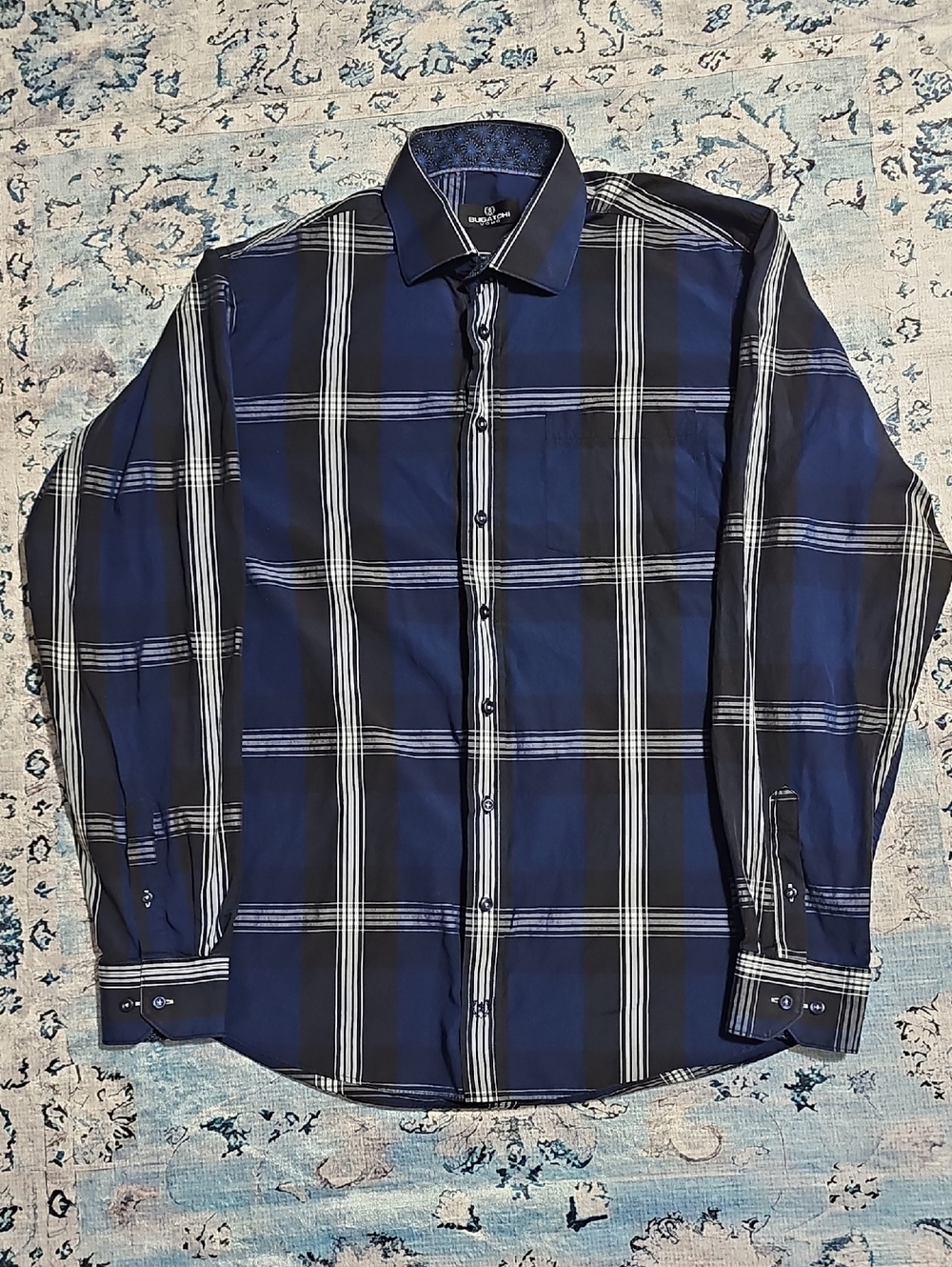 Bugatchi Navy and Black Plaid Long-Sleeve Dress‎ Shirt